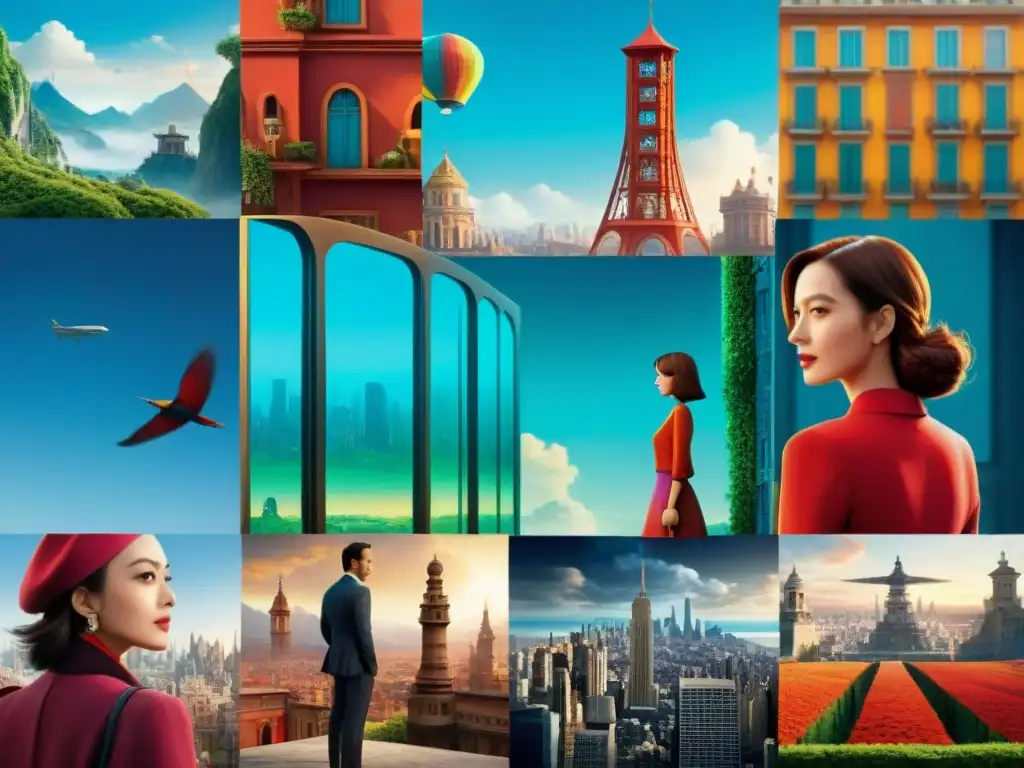 Un detallado análisis comparativo de mundos ficticios entre 'Paprika' e 'Inception' con paisajes vibrantes y surreales