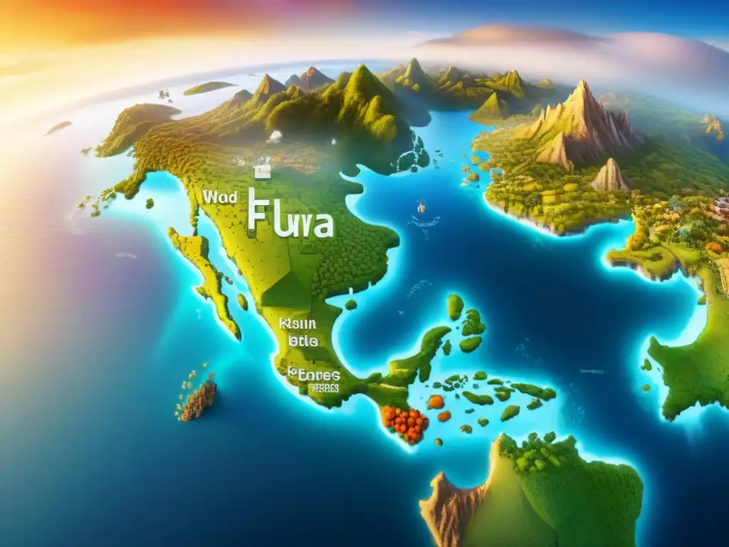 Un detallado y cinematográfico mapa de un mundo ficticio donde se entrelazan geografía y lingüística