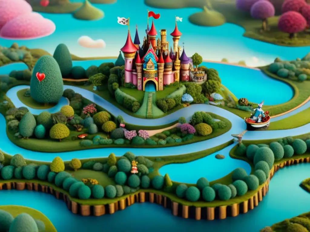 Un detallado mapa fantástico de Wonderland con colores vibrantes y elementos surrealistas