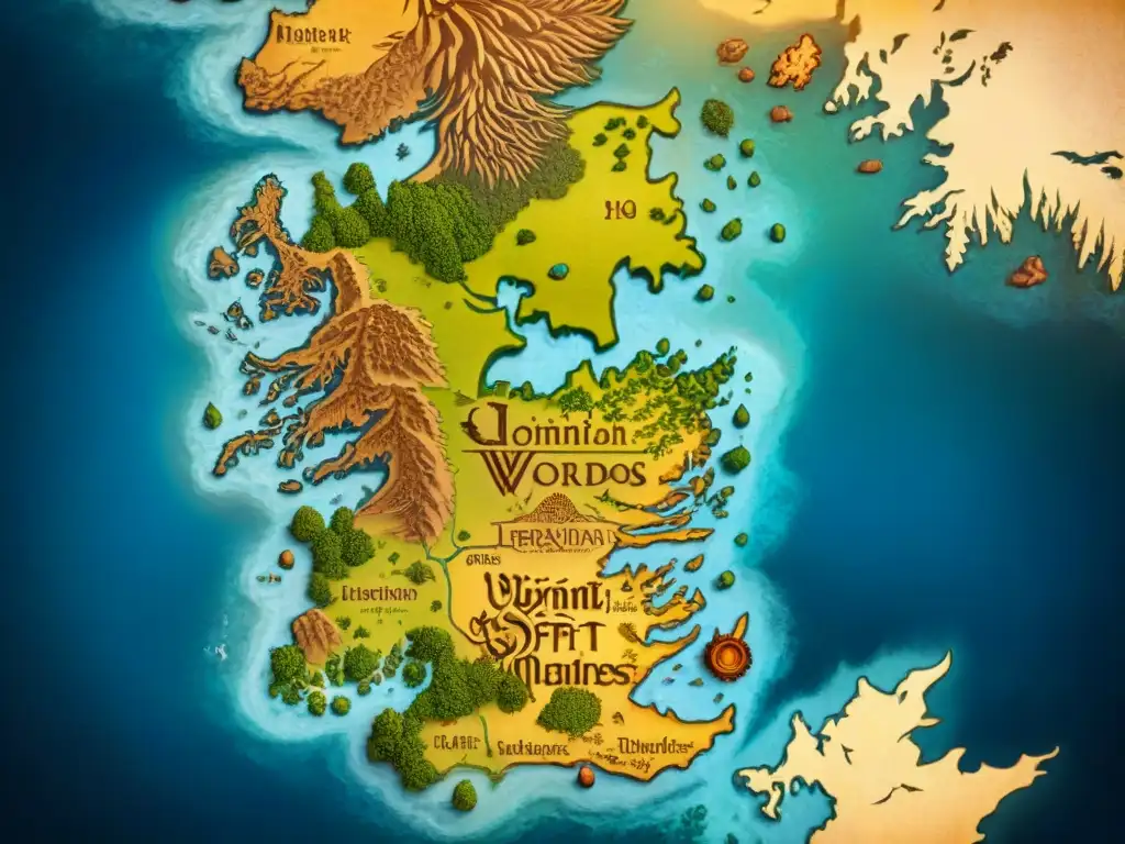 Un detallado mapa ficticio de los mundos de Westeros y Essos de Game of Thrones, resaltando la diversidad geográfica y lingüística