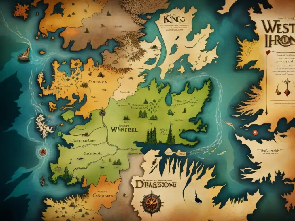 Detallado mapa de Westeros con diseño antiguo y colorido, mostrando regiones clave y símbolos de casas nobles