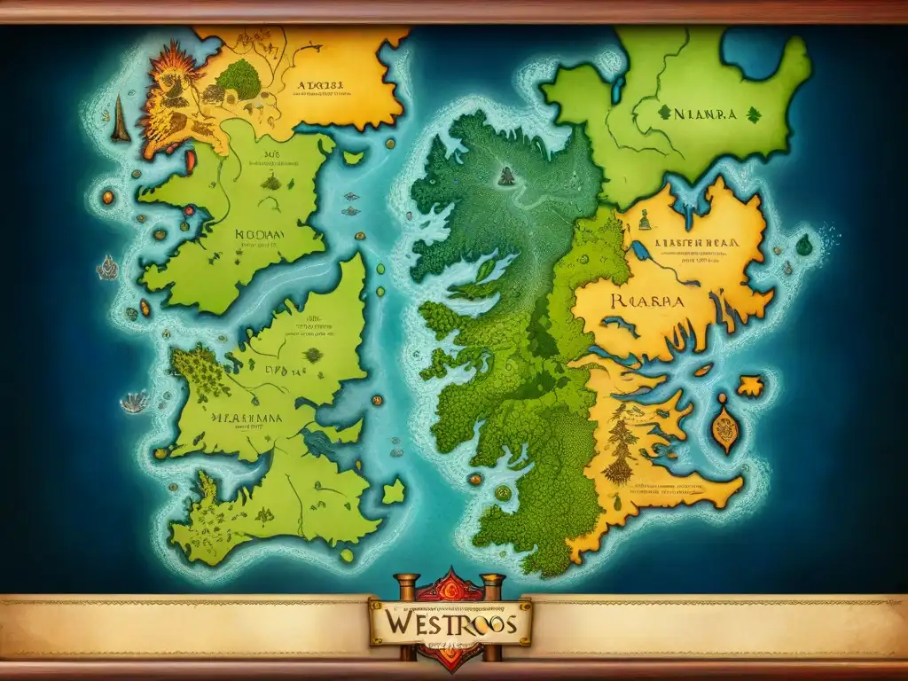 Mapa detallado de Westeros: territorios y sigilos en un mundo épico Un detallado mapa de Westeros de 'Game of Thrones', con todos los reinos y ciudades, envejecido y adornado con dragones