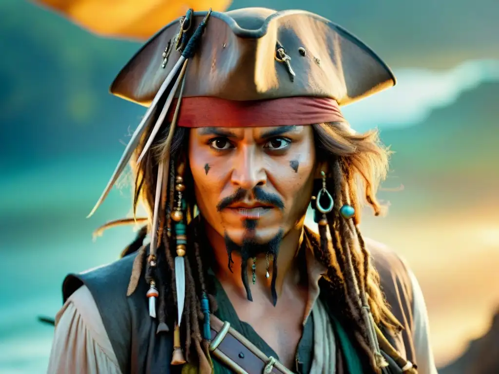 Detallado retrato de Jack Sparrow con su característico aspecto desgastado y sonrisa pícara, reflejando la economía en Piratas del Caribe