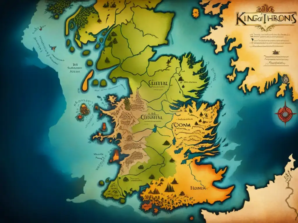 Detalle de un antiguo mapa de los Siete Reinos de Game of Thrones, con fronteras políticas, ciudades y paisajes, iluminado por una cálida luz