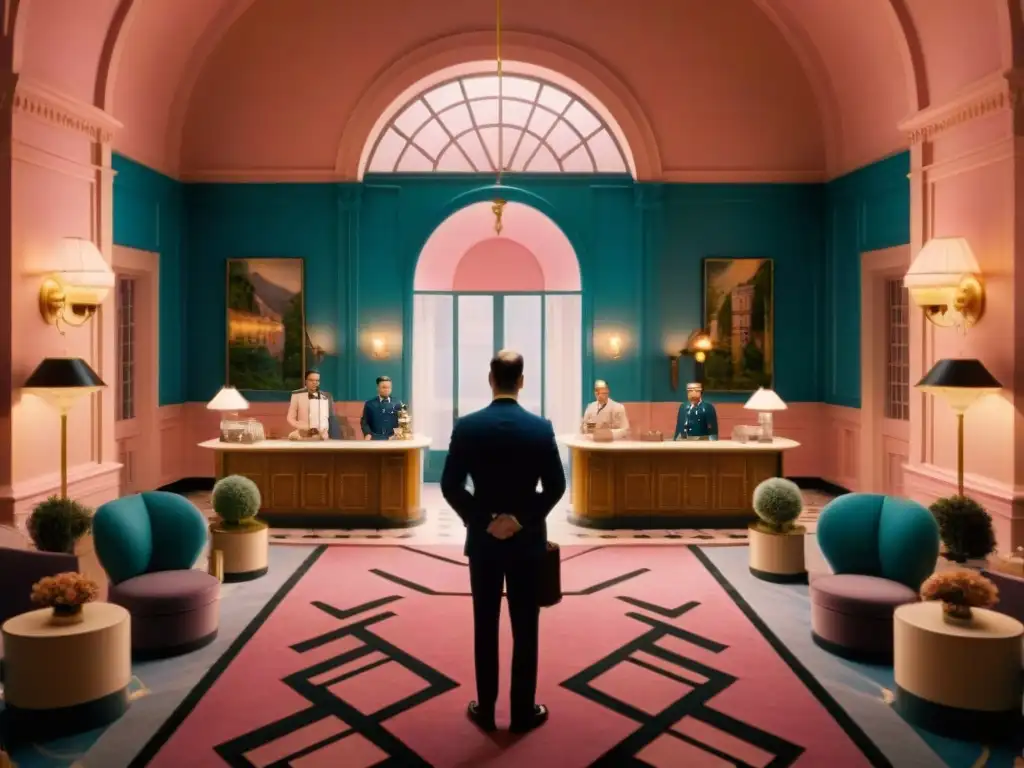 Detalle simétrico y colorido del lobby del Grand Budapest Hotel con actividad constante