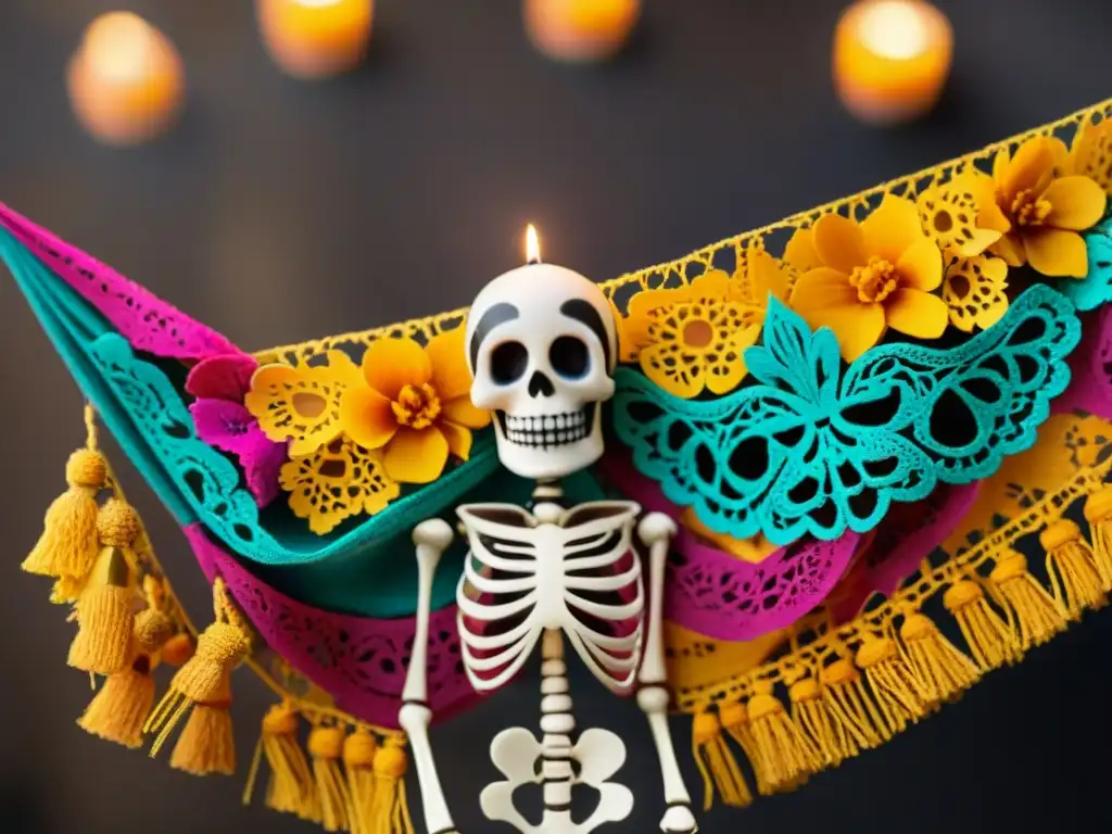 Detalle colorido de papel picado con figuras de esqueletos y flores de cempasúchil, símbolos mexicanos, en fondo negro