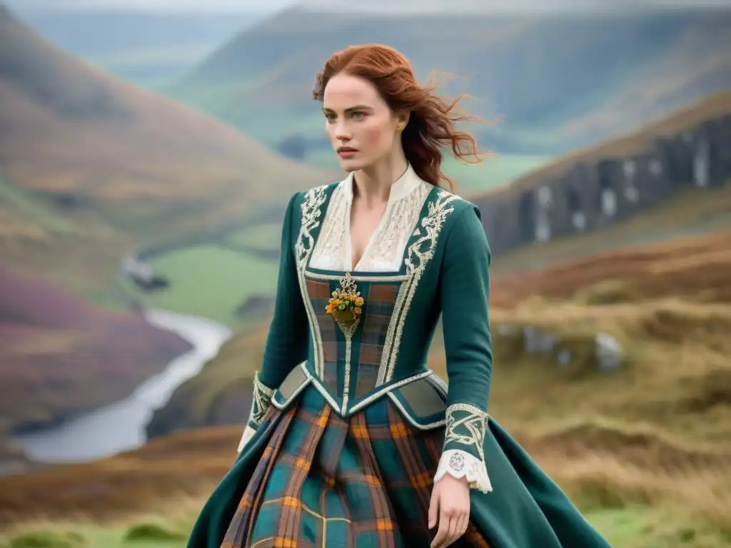 Detalle del diseño de vestuario de Outlander con fidelidad histórica en vestido escocés tartán, en las Tierras Altas