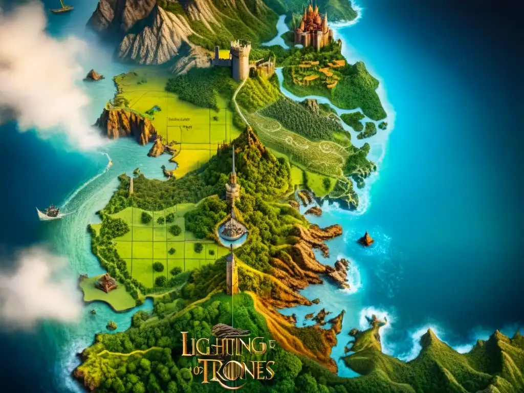 Detalle envejecido del mapa de los Siete Reinos de Game of Thrones, mostrando paisajes, castillos y territorios con precisión