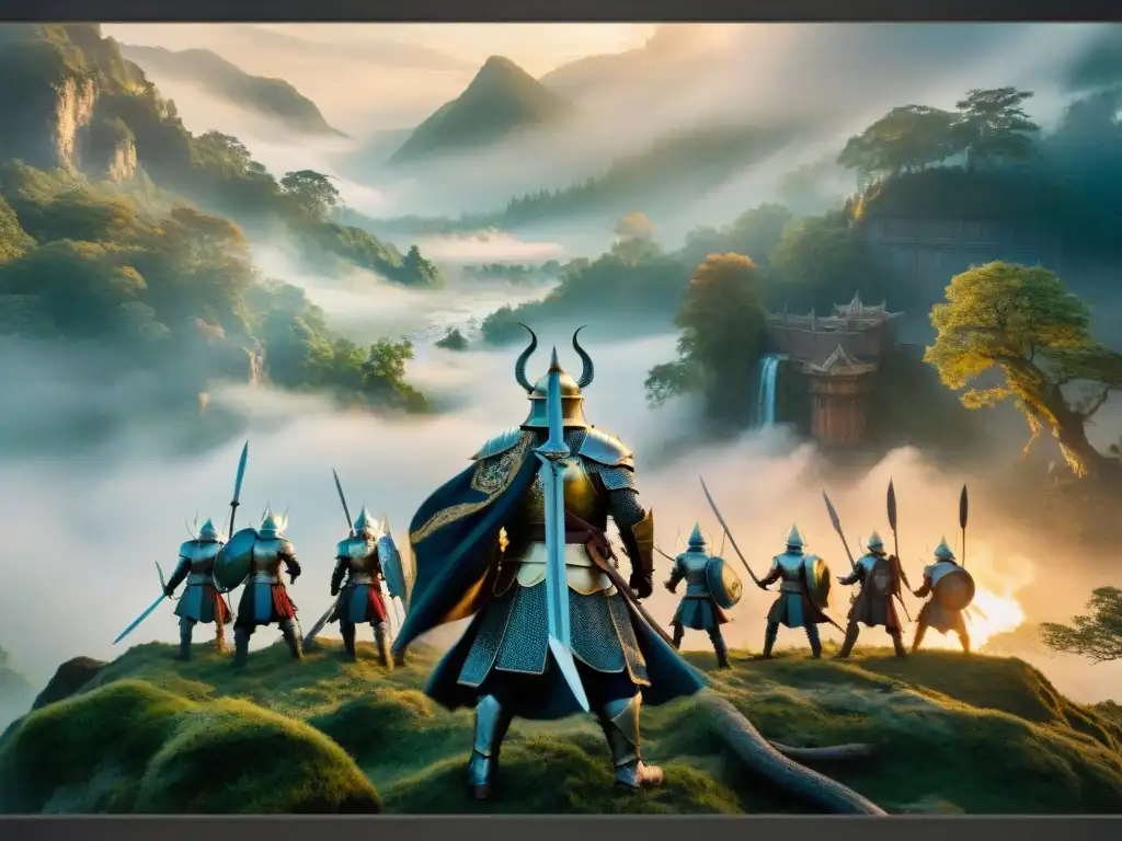 Detalle épico: batalla entre bestias y guerreros en místico bosque bajo luna