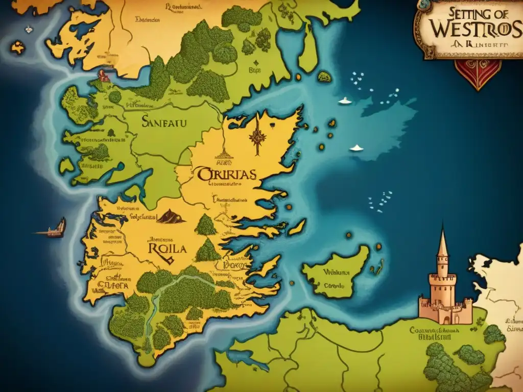 Detalle ilustrado de Westeros con sus regiones, castillos y paisajes, resaltando los emblemas de cada casa