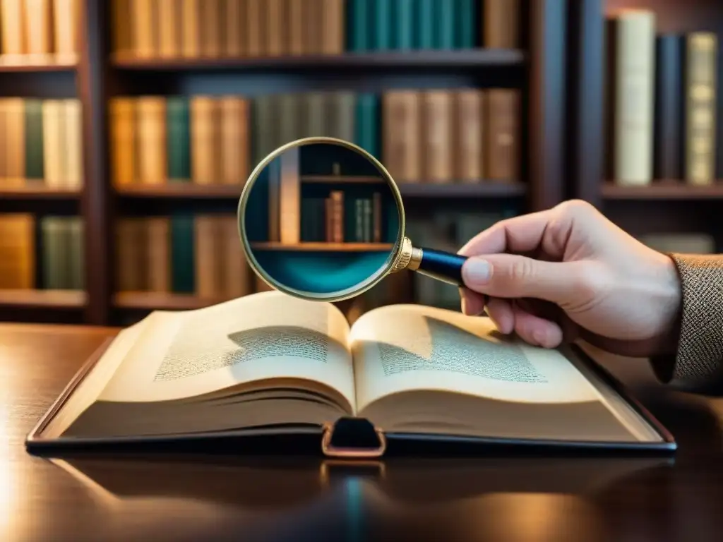 Detalle de una mano sosteniendo una lupa sobre una firma en un libro de cuero envejecido, resaltando la autenticidad