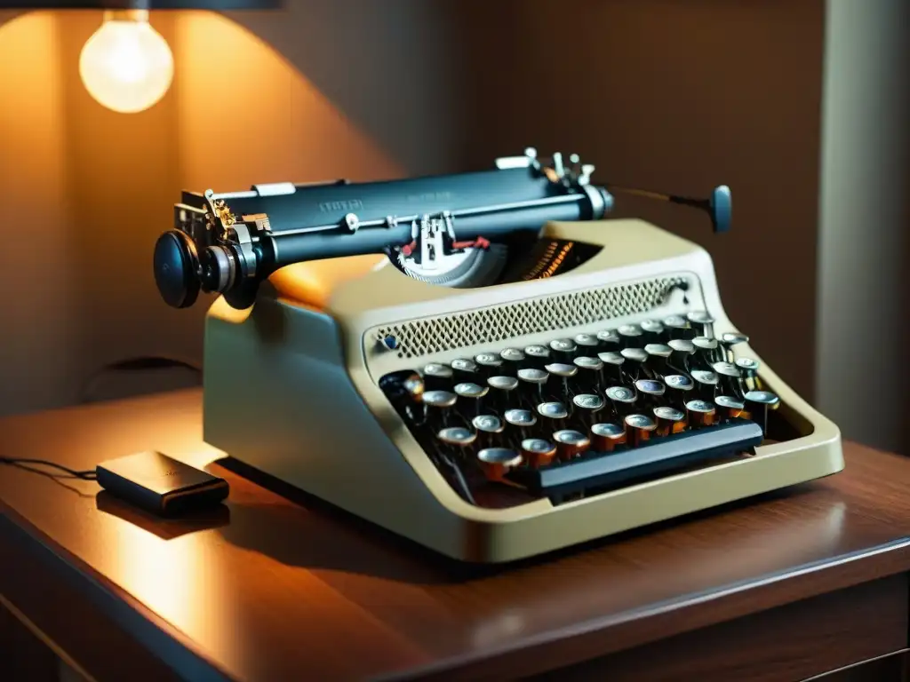 Detalle de una máquina de escribir vintage en una habitación llena de libros, evocando la artesanía literaria