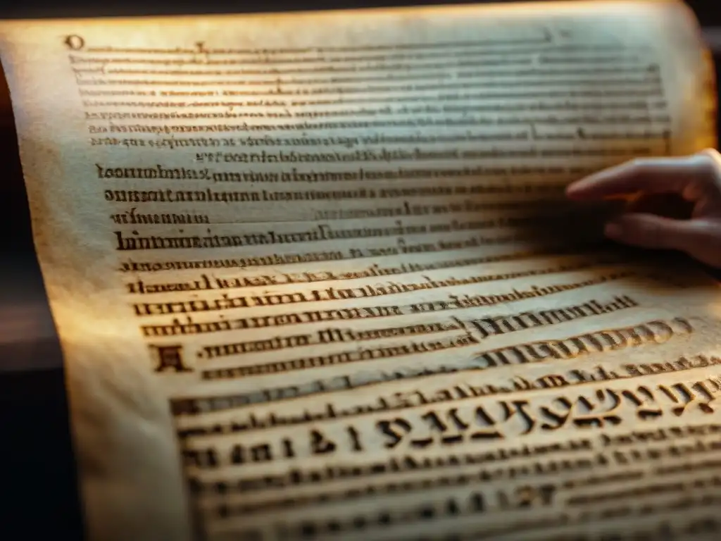 Misterioso pergamino enigmático: símbolos antiguos y secretos revelados Detalle místico: pergamino enigmático con símbolos antiguos, iluminado por luz, evoca misterio para análisis impacto 'El Código Da Vinci'