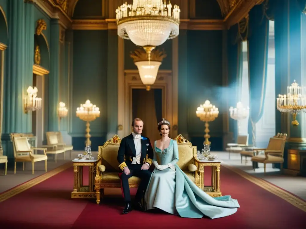 Detalle opulento del salón del trono en Buckingham Palace, recreado con precisión para 'The Crown'