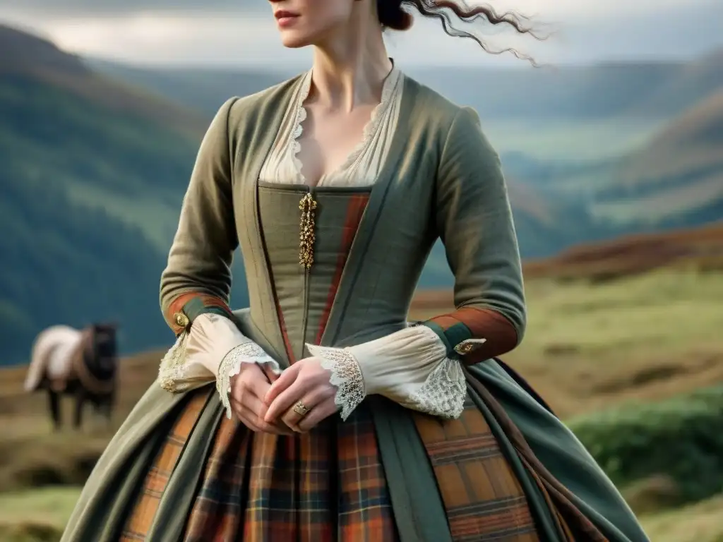 Detalle del diseño vestuario Outlander con fidelidad histórica en magnífico vestido escocés del siglo XVIII