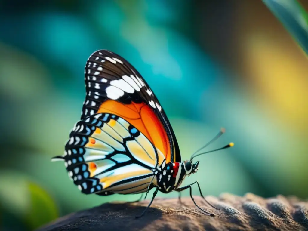 Detalle vibrante de ala de mariposa, patrones delicados y colores iridiscentes crean efecto hipnótico