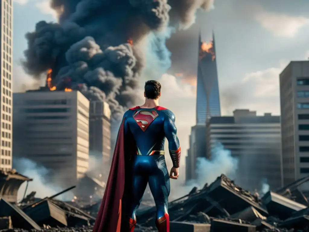 Superman contempla la devastación en Metropolis tras la ambición y corrupción