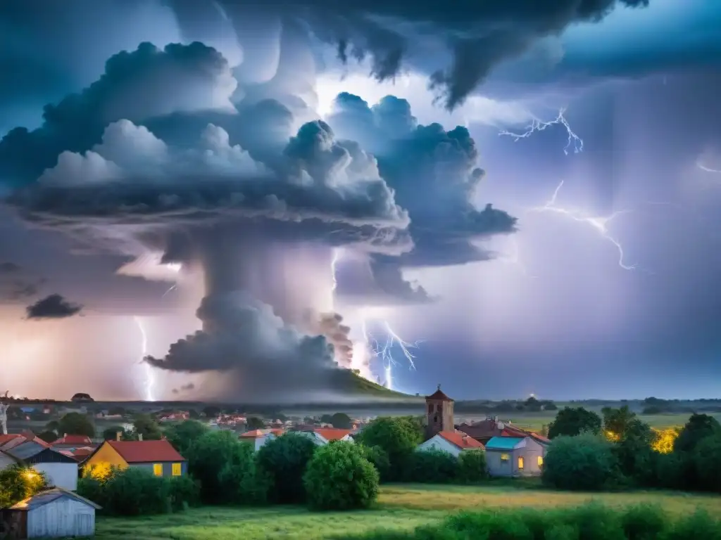 La devastadora belleza de un tornado cortando el cielo tormentoso, iluminado por rayos, con un pueblo a lo lejos