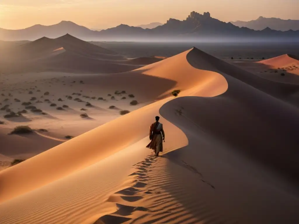 Diferencias climáticas entre Dorne y Sahara: Atardecer majestuoso sobre las dunas, figura solitaria hacia oasis distante en desierto de Dorne