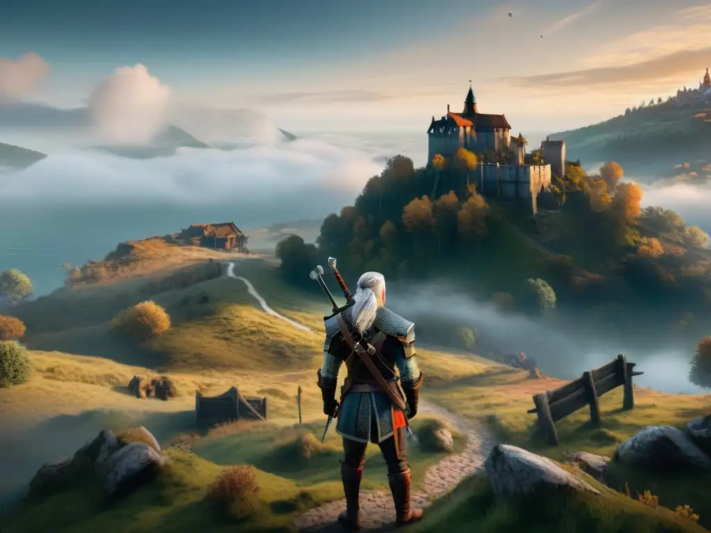 Diferencias entre novelas Witcher: un bosque misterioso, ciudad medieval bulliciosa y castillo con guerrero plateado bajo un cielo estrellado