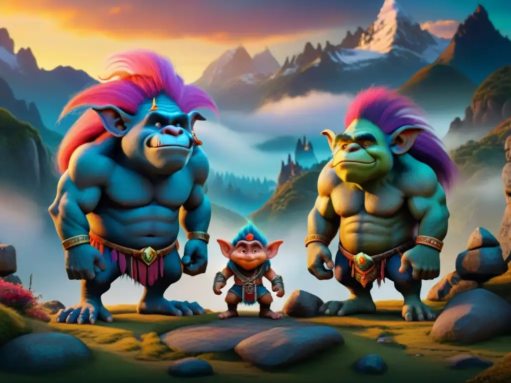 Ilustración digital detallada de la evolución de los trolls en folklore: desde criaturas antiguas y rugosas hasta formas humanas con atuendos coloridos, en un paisaje montañoso majestuoso al crepúsculo