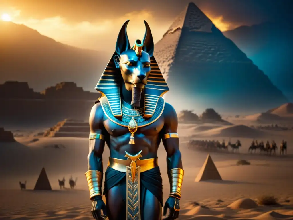 Anubis, el dios egipcio de la muerte, en un desierto neblinoso y misterioso