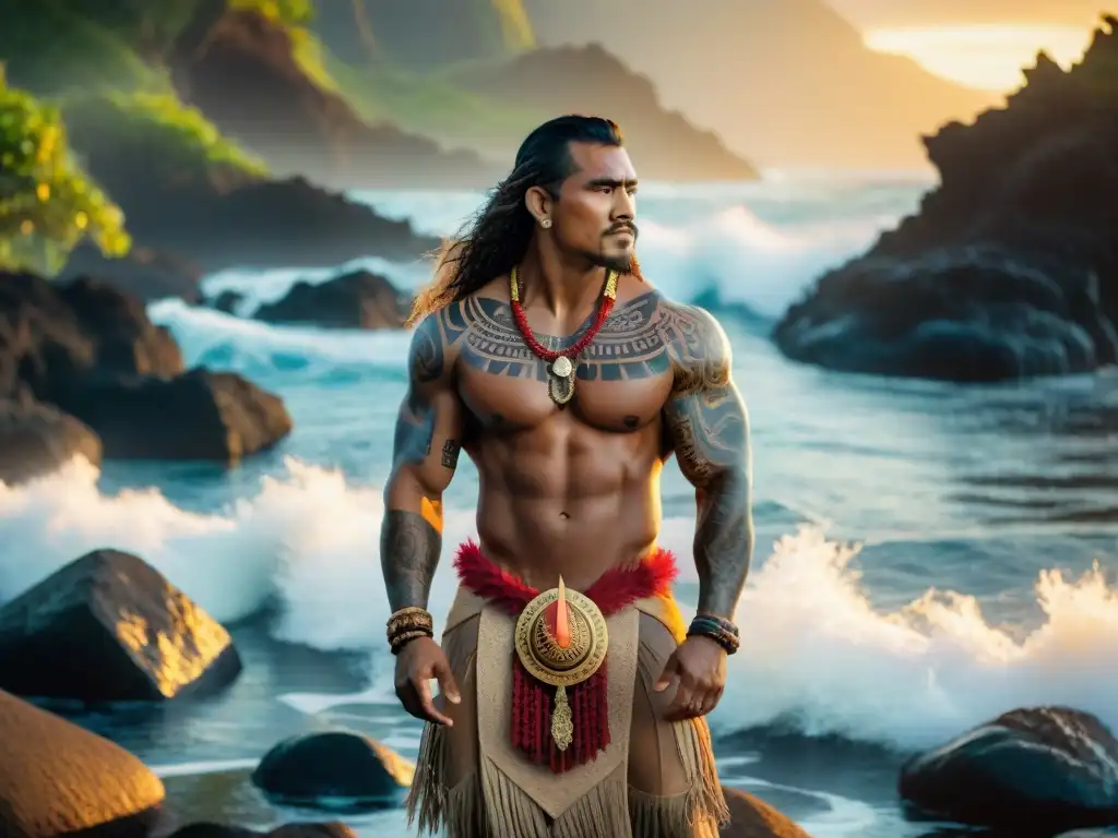 El dios Maui de la mitología polinesia, con sus tatuajes y su anzuelo mágico, en una escena dramática en la costa rocosa al atardecer