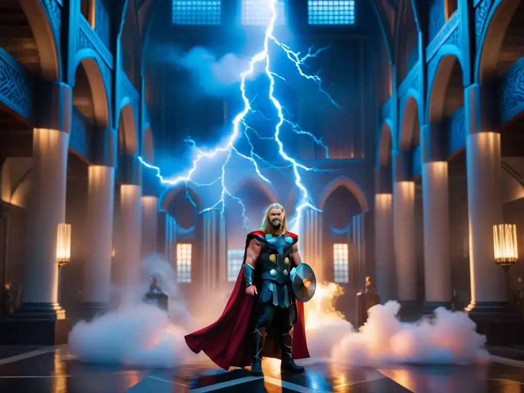 Dios del Trueno en Asgard, con Mjolnir, cuervos de Odín y relámpagos