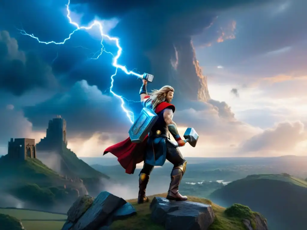 Thor, el Dios del Trueno, se alza majestuoso en un acantilado, rodeado de un paisaje mítico