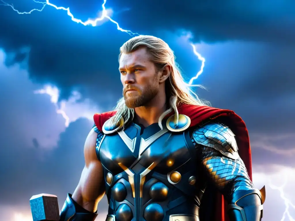 Thor, el dios del trueno, con su martillo Mjölnir, listo para la batalla bajo un cielo tormentoso