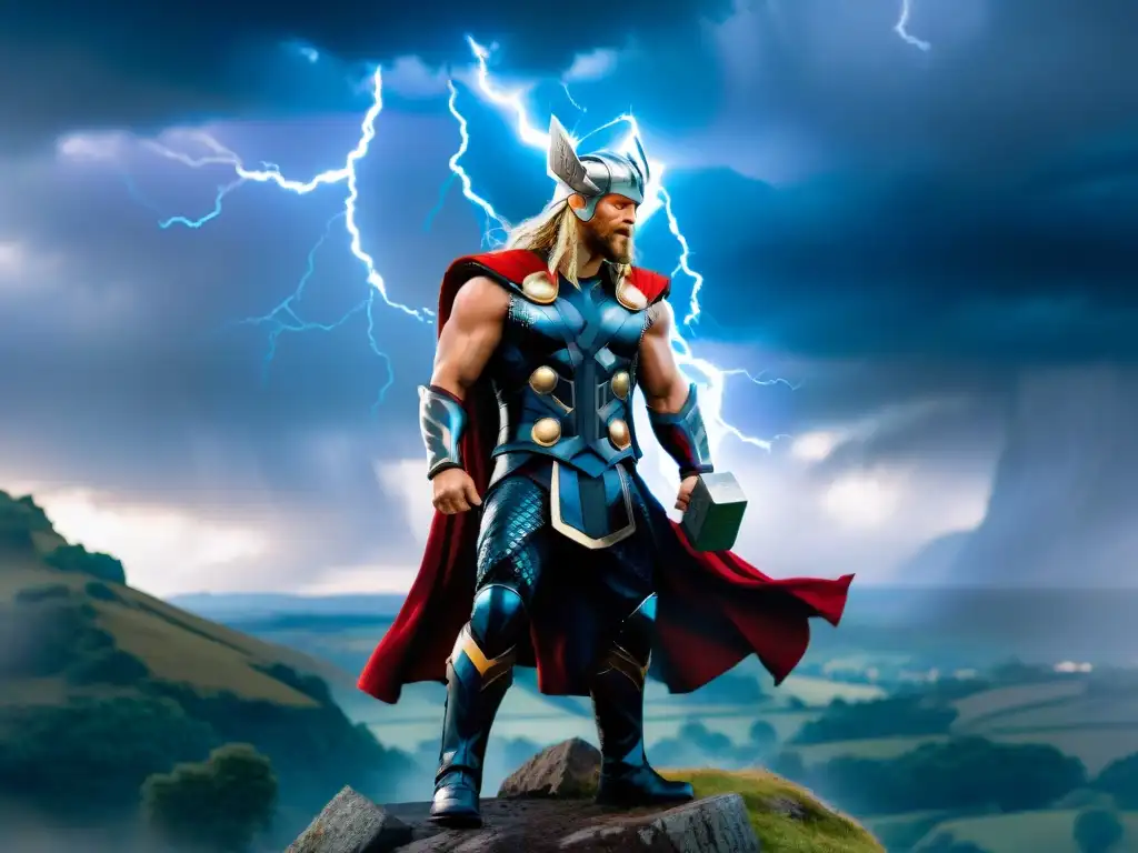 Thor, el Dios del Trueno, en una pose majestuosa en un acantilado con su martillo, rodeado de tormenta y símbolos de la mitología nórdica