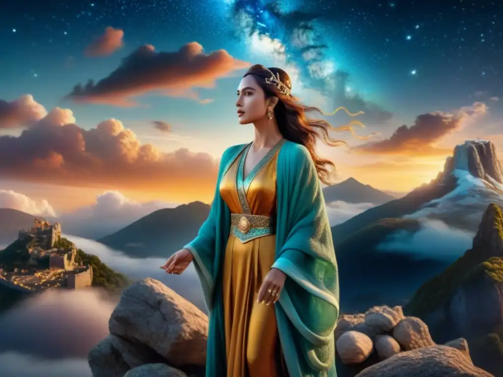 Una diosa poderosa de la mitología antigua, en la cima de una montaña bajo un cielo estrellado, rodeada de criaturas míticas