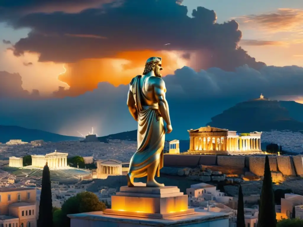 Dioses griegos en la ciudad: fusión de mitología y modernidad Dioses griegos en Percy Jackson: Estatua de Zeus y ruinas en ciudad moderna con el Partenón al fondo al atardecer