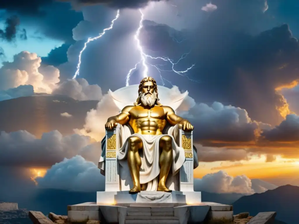 Zeus, rey de los dioses en la mitología griega, sentado en su trono dorado en el Monte Olimpo