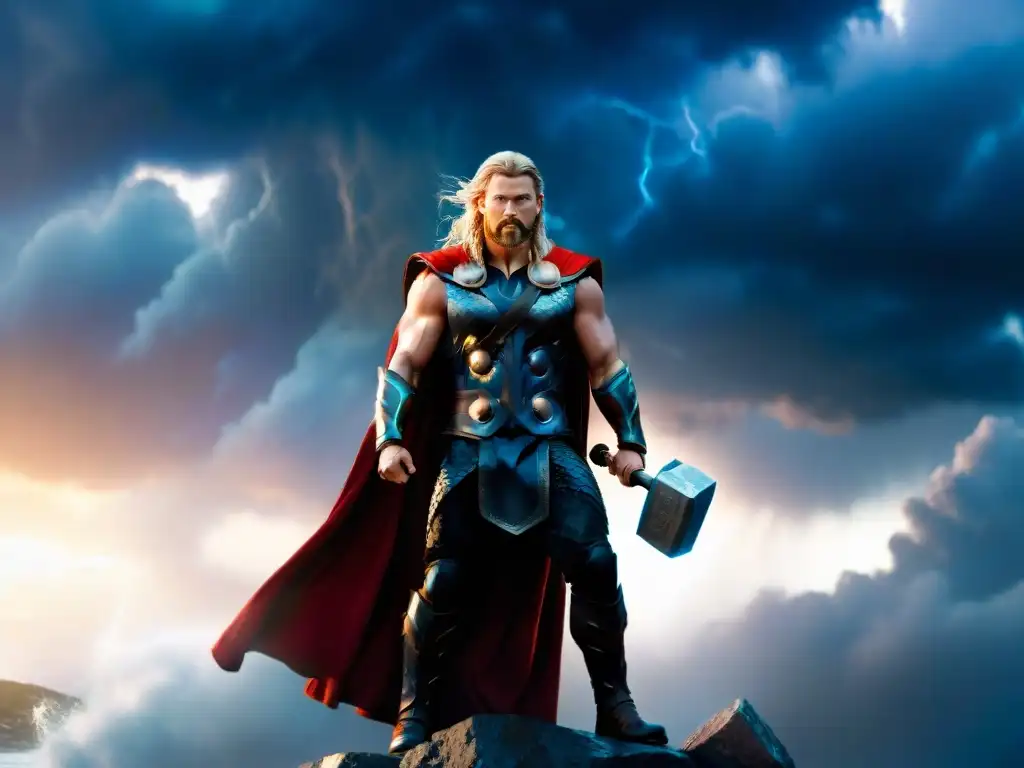 Dioses en películas de ficción: Thor empuña su martillo Mjölnir bajo un cielo tormentoso, irradiando poder divino