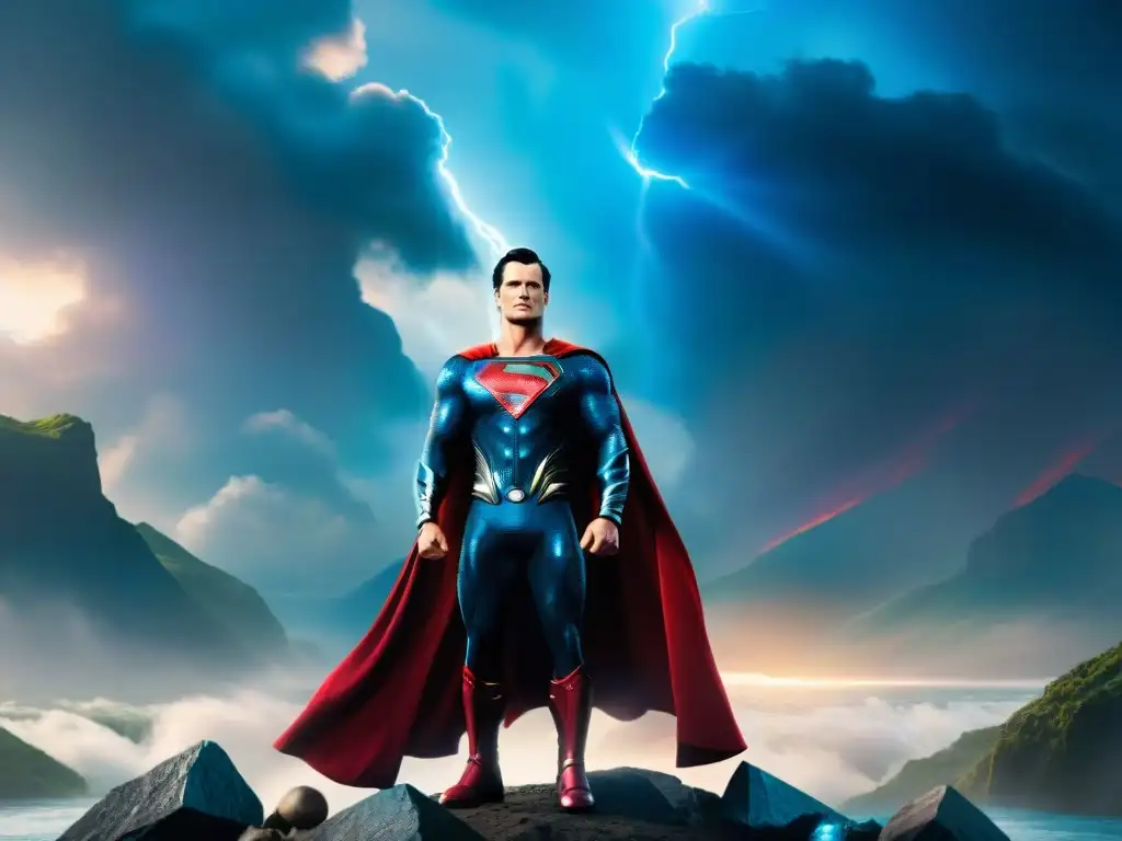 Dioses en películas de ficción: Superman y Thor en una épica imagen 8k, con paisaje cósmico y capa majestuosa