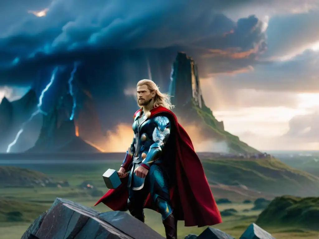 Dioses en películas de ficción: Thor, majestuoso en un acantilado rocoso con Mjolnir, bajo nubes tormentosas y Asgard al fondo