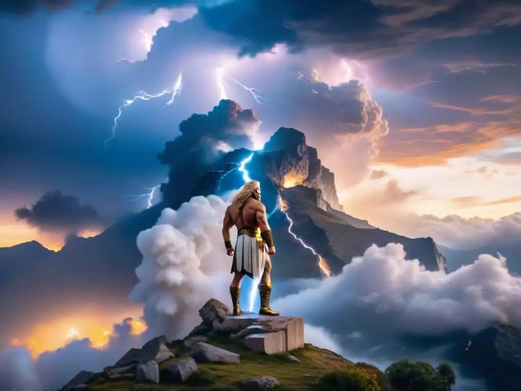 Zeus, rey de los dioses, con su rayo en mano en el monte Olimpo, simbolizando su autoridad