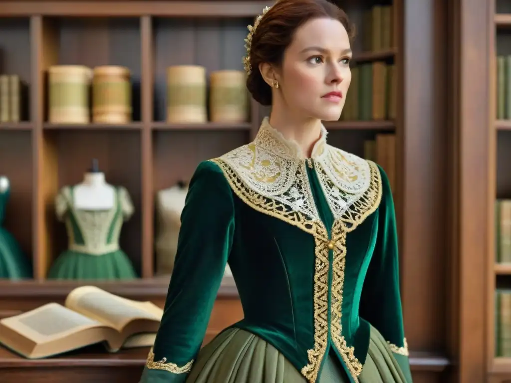 Diseñadora de vestuario de Outlander cosiendo en detalle un encaje histórico sobre un corpiño de terciopelo verde profundo, rodeada de estanterías llenas de hilos dorados, encajes antiguos y bocetos de trajes de época