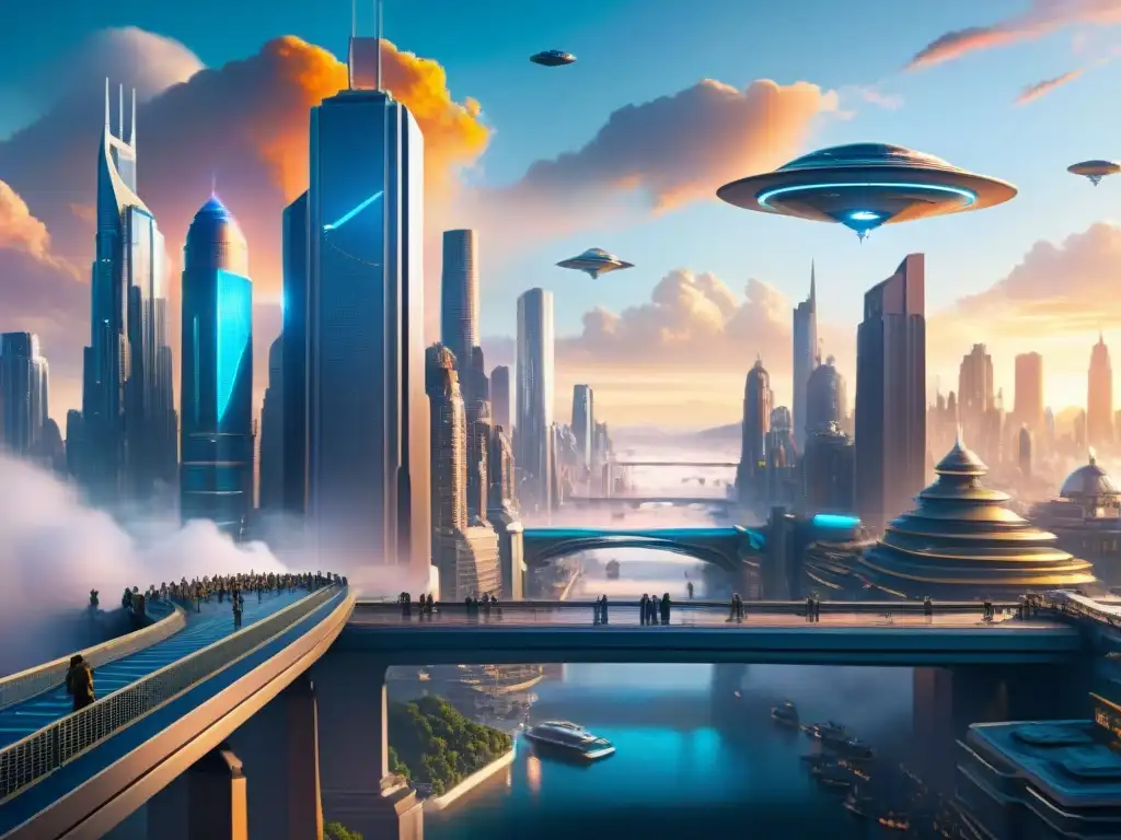 Diseño de culturas ficticias creíbles en una metrópolis futurista y vibrante al atardecer