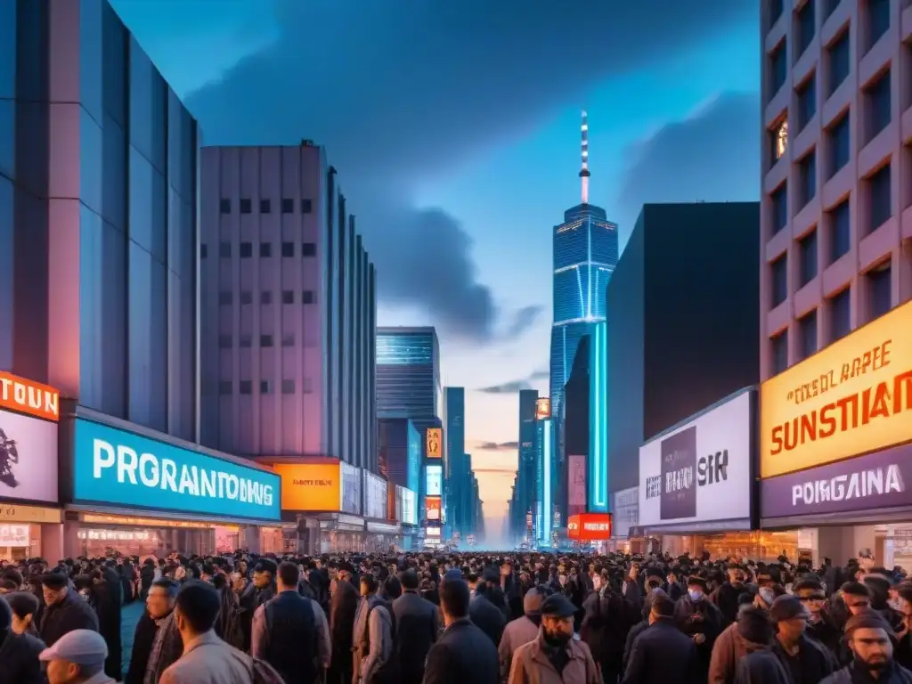 En un distópico paisaje urbano al anochecer, con rascacielos iluminados por luces de neón, calles abarrotadas de personas uniformadas, drones de vigilancia en el aire y carteles de propaganda en cada superficie disponible
