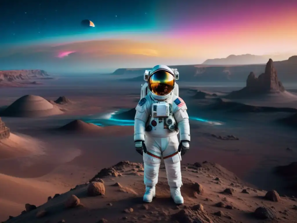 Explorando la diversidad en mundos espaciales, un astronauta contempla un paisaje alienígena lleno de misterio y color