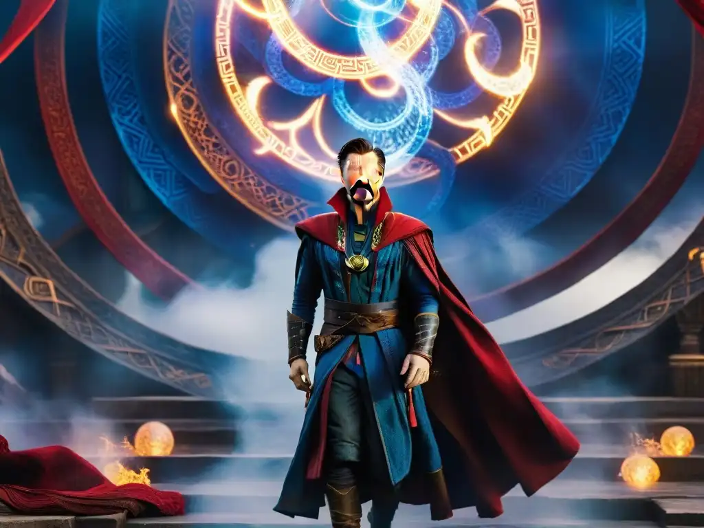 Doctor Strange con su capa roja ondeando, rodeado de energías místicas y símbolos mágicos, en un multiverso brillante y dimensional