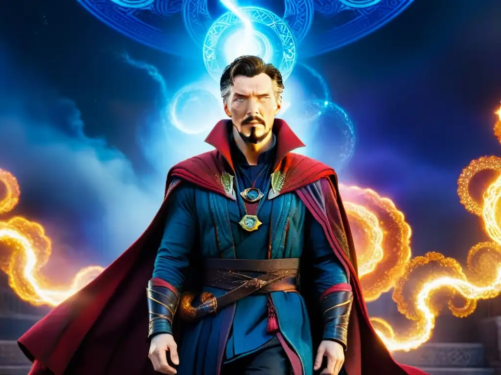 Doctor Strange en forma astral, rodeado de galaxias y energías místicas, explorando los secretos del multiverso