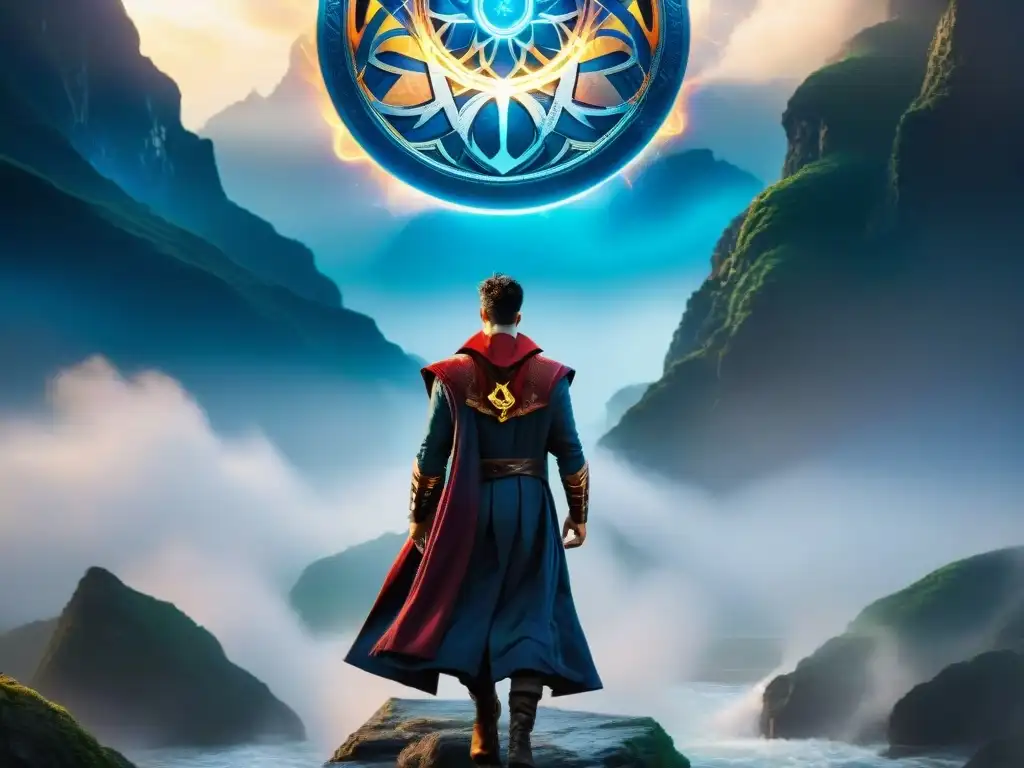 Doctor Strange lanzando un hechizo en paisaje cósmico, fusionando tecnología y magia