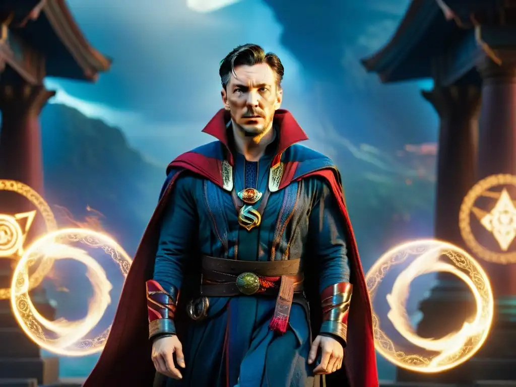 Doctor Strange inmerso en una hechicería mística con runas brillantes a su alrededor, rodeado de símbolos mitológicos