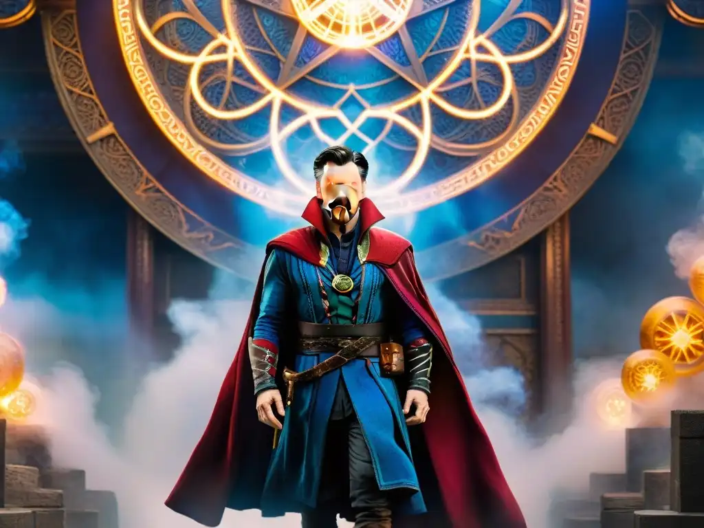 Doctor Strange inmerso en un portal místico con símbolos brillantes y coloridos, explorando un multiverso kaleidoscópico