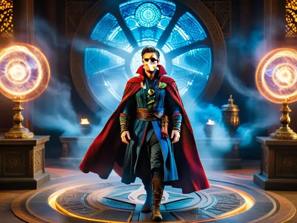 Doctor Strange conjurando magia en el Sanctum Sanctorum, rodeado de energía mística y artefactos antiguos detallados