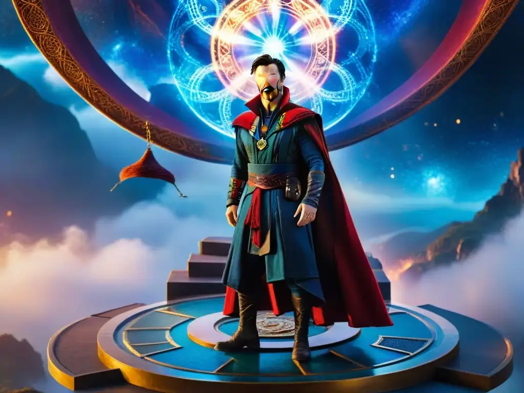 Doctor Strange en plataforma flotante con portal galáctico y símbolos místicos, emanando energía mágica