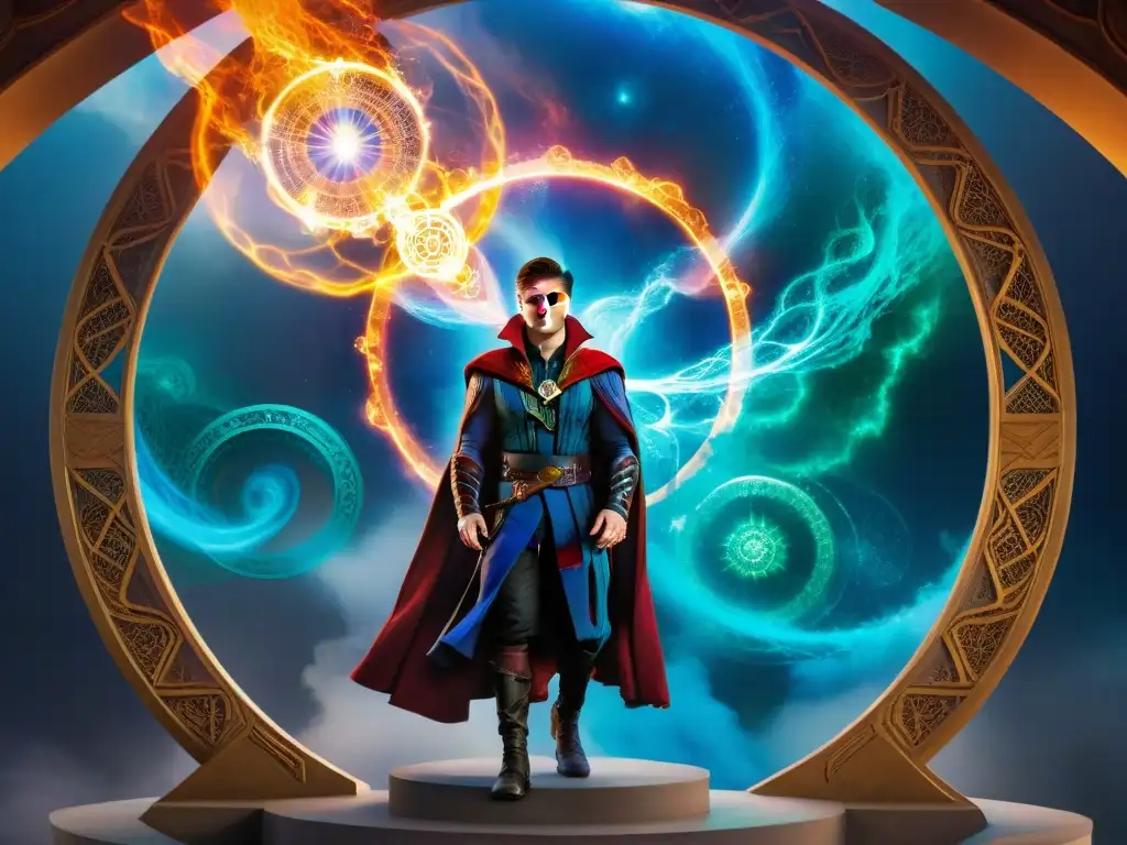 Doctor Strange en su plataforma mística, rodeado de portales a dimensiones y reinos en Marvel